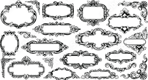 Ornate Vintage Frames and Labels Collection with Intricate Flourishes Black and White Vector Graphics