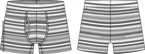 Technical Fashion Flat Sketch Of Men Striped Boxer Briefs With Elastic Waistband Front And Back View Vector CAD Drawing Illustration