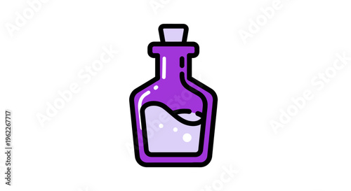 Illustration of a whimsical purple potion bottle, filled with a magical liquid, isolated on white