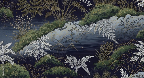 Elegant dark botanical seamless pattern with ferns and water on navy