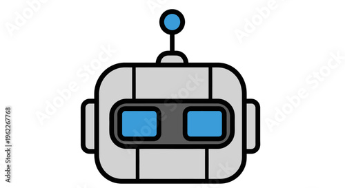 A simple and modern illustration of a robot's face with blue eyes and antenna