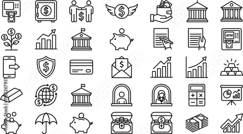 Banking and Finance Outline Icon Set with ATM Money Transfer Savings Investment Growth Charts Security Vault Piggy Bank and Business Line Symbols for Web Apps UI Design