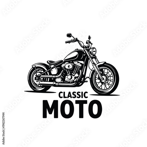 A black and white illustration of a classic moto bobber motorcycle with a bold logo on a clean white background