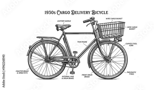 1930s cargo delivery bicycle with wire basket and coaster brake system