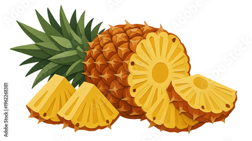 Fresh ripe pineapple sliced and whole isolated on a clean white background