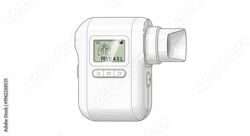 A medical professional uses a handheld spirometer to measure lung function in a clinical setting.