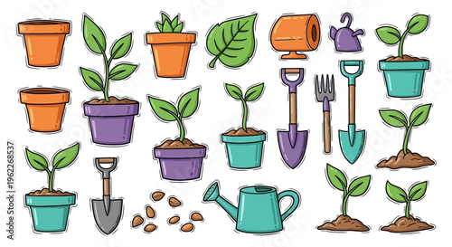 Collection of hand-drawn gardening tools and potted plants with seedlings and leaves.