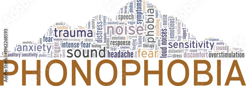 Fear Of Sound: Phonophobia word cloud conceptual design isolated on white background.