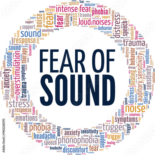 Fear Of Sound: Phonophobia word cloud conceptual design isolated on white background.