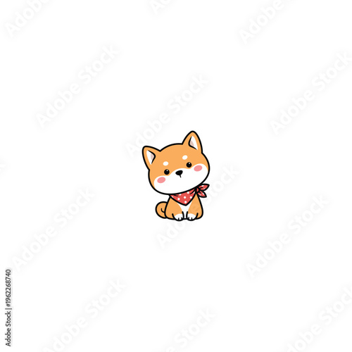 Cute kawaii shiba inu with a scarf sitting cartoon, vector illustration