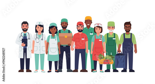 Diverse Essential Workers Group Illustration: Doctors, Nurses, Delivery, Farmers, Retail, Construction, and Service Professionals Representing Community Vitality