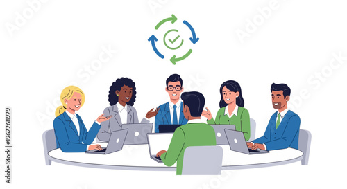 Diverse Business Team Collaborating in Meeting with Workflow Process Icon