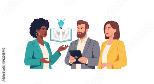 Diverse Business Professionals Collaborating, Sharing Ideas, and Learning with Knowledge and Technology Icons. Teamwork, Brainstorming, and Education Concept Illustration.