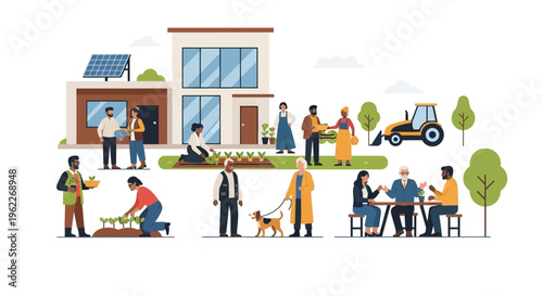 Sustainable Community Living: Diverse People Gardening, Farming, and Collaborating in an Eco-Friendly Environment with Solar Home