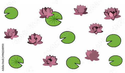 Cute pink water lily flowers cartoon vector with lily pads aquatic floral elements isolated on white background