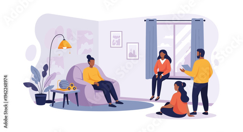 Diverse Group Discussion, Therapy Session, or Support Meeting in a Cozy Indoor Setting - Flat Vector Illustration