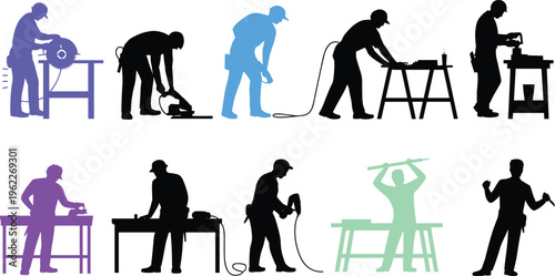 Silhouettes of people performing various manual and technical tasks with tools and equipment in different colors