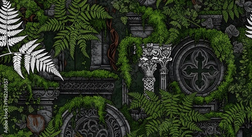 Gothic ruins overgrown with lush ferns and ivy seamless pattern background