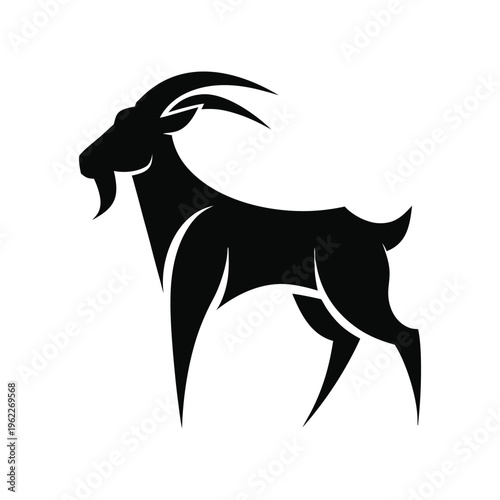 Black goat silhouette standing in profile view with curved horns for farm and nature livestock logo design