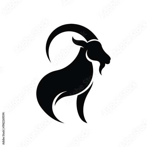 Modern minimalist goat silhouette with elegant curved horns in profile for agricultural branding and livestock symbols