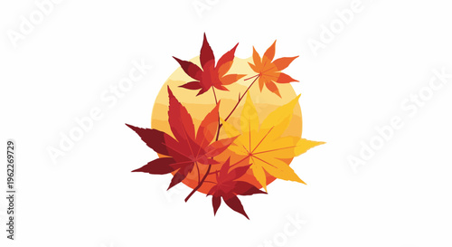 Autumn maple leaves in vibrant red, orange, and yellow hues, backlit by a gradient sun