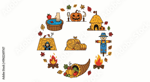 Autumnal icons arranged in a circle scarecrows, pumpkins, hay, bonfire, cornucopia