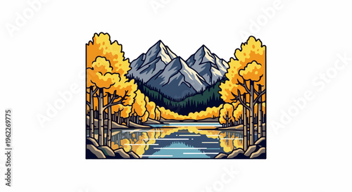 Autumnal mountain landscape with reflective lake and golden trees