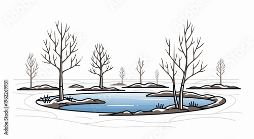 Bare trees surround a frozen pond in a minimalist winter landscape scene