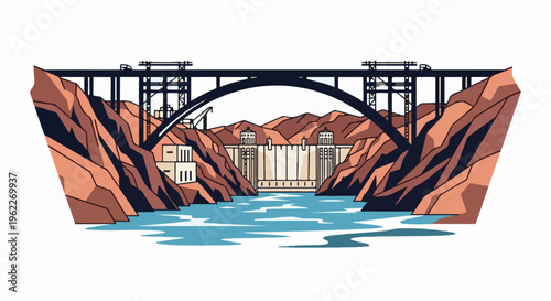 Arching bridge over a massive dam and river amidst rocky canyons