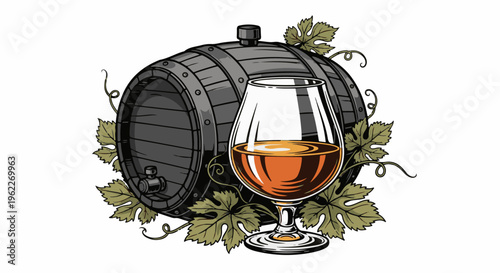 Barrel and glass of amber liquid with grape leaves and tendrils