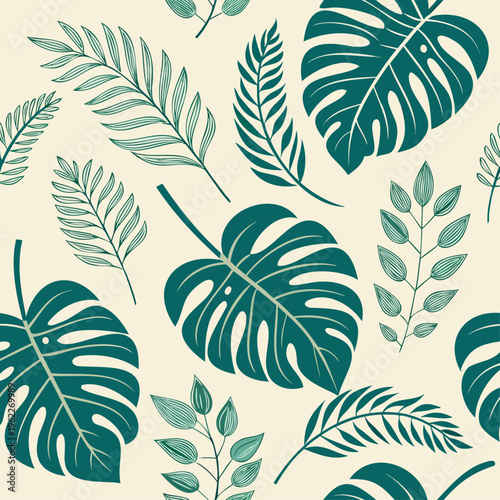 Seamless pattern of tropical leaves and monstera plants, vector illustration
