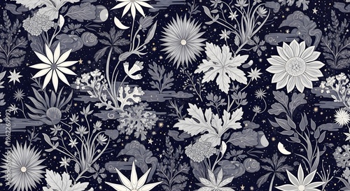 Seamless night garden pattern with white flowers stars and moons on navy blue