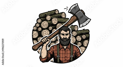 Bearded man in plaid shirt with axe, pile of wood logs background