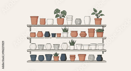 An array of potted plants and empty pots arranged on shelves