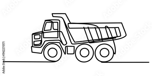 Continuous one line drawing of a heavy duty dump truck for construction and mining industry Vector, illustration