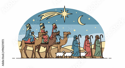Biblical procession with camels, sheep, and star guides travelers