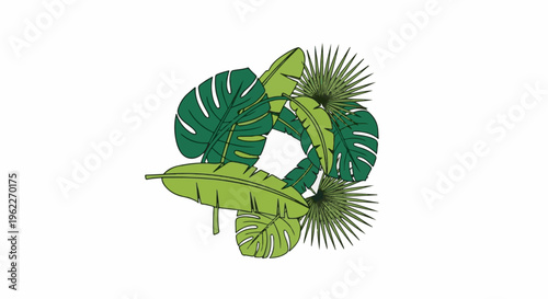 An artistic arrangement of various green tropical leaves