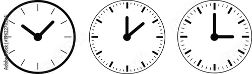 Three black and white analog clocks showing different times with minimalist and bold hour and minute hands