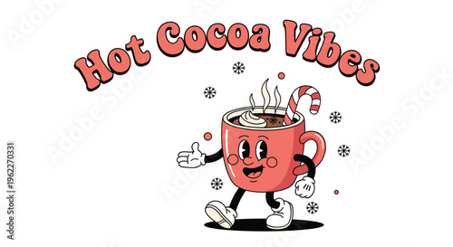 Vintage cartoon style character of a hot cocoa mug with a candy cane and marshmallows under the text hot cocoa vibes.