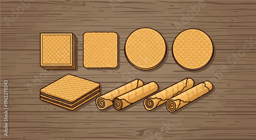 Assorted baked waffle cookies and rolled wafers arranged on a wooden surface