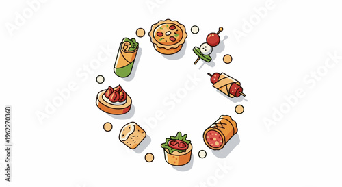 Assorted appetizers arranged in a circular pattern against a white background
