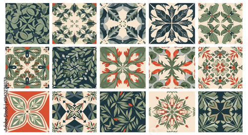 Decorative grid of fifteen different mosaic tiles featuring intricate floral and leaf patterns in green, red, and beige hues.