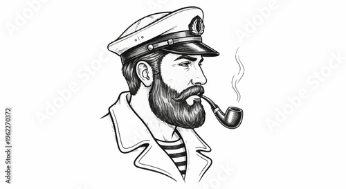 Black and white drawing of a bearded sailor smoking a pipe, wearing a hat and striped shirt