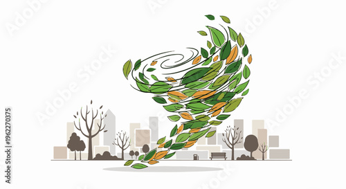 Abstract representation of a whirlwind of leaves over a cityscape