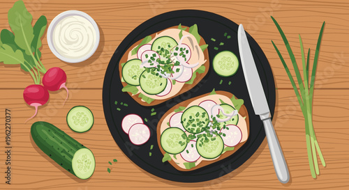 Healthy snack of radish and cucumber sandwiches with cream cheese on a dark plate served on a rustic wooden table top.
