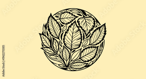 Intricate circular composition of various leaf species in a high contrast black and white graphic design style on a cream field.