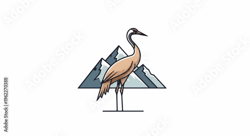 Bird on stilts in front of stylized mountains