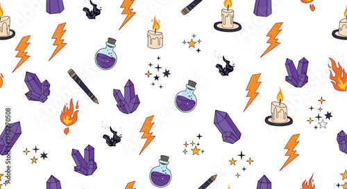 Magical seamless pattern featuring purple crystals, glowing candles, glass potions, and orange lightning bolts on a white field.