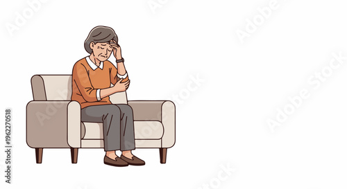 An elderly woman sits on a couch with her head in her hand, looking distressed