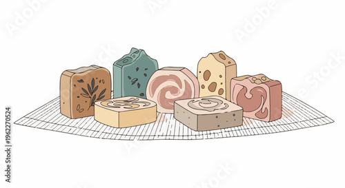 Assortment of artisanal soaps with various patterns and textures displayed